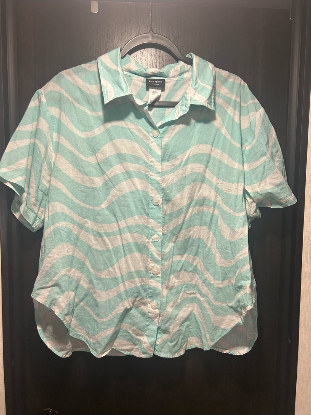 kate spade Aqua and White Wave-Print Short-Sleeve Button-Down Shirt